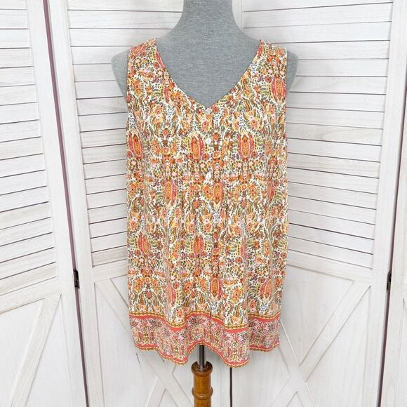 J. Jill Floral Boho Rayon Button Front Tank Top Shirt Orange Multi Petite Small - Picture 1 of 13